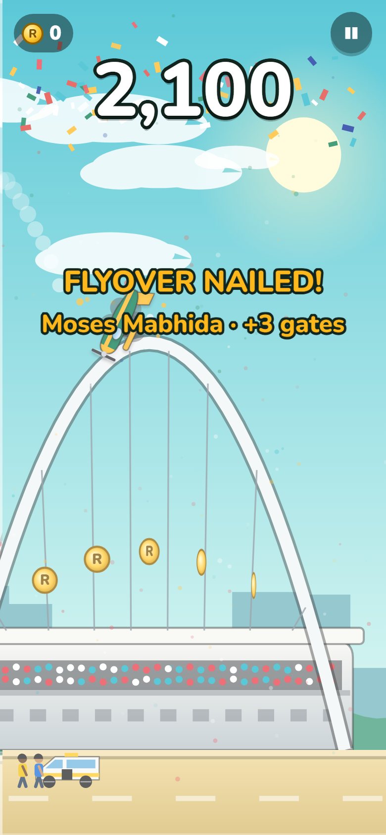 Flying over the Moses Mabhida arch with confetti and a FLYOVER NAILED message