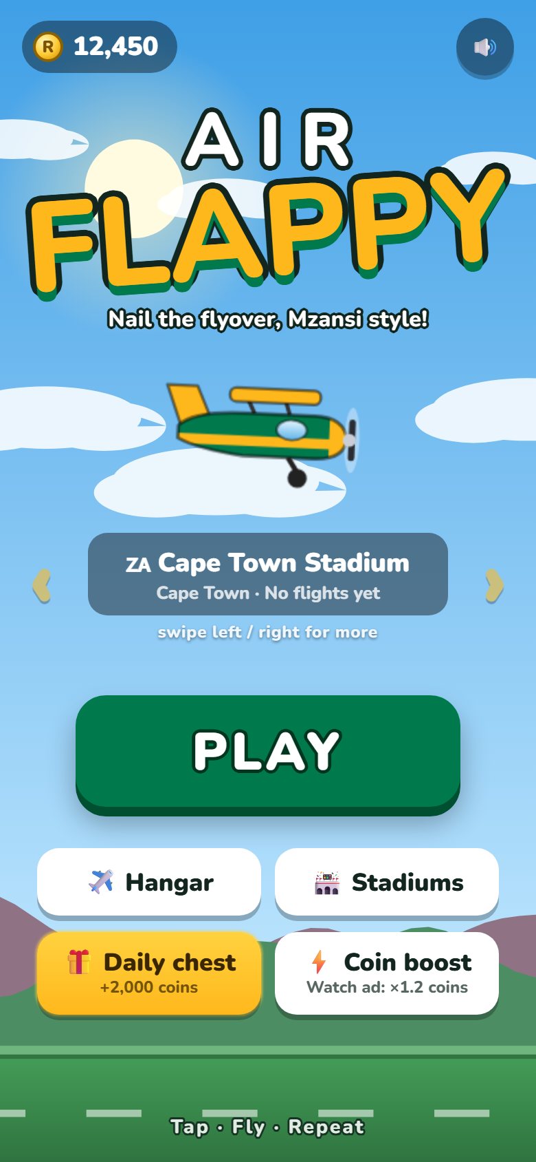 The Air Flappy home screen with the daily chest and coin boost buttons